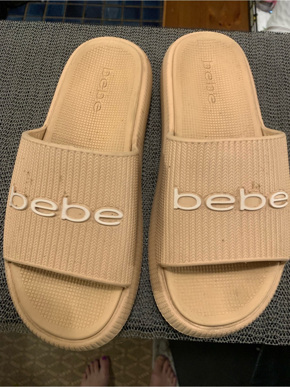 bebe Beige Slide Sandals with Logo Strap
